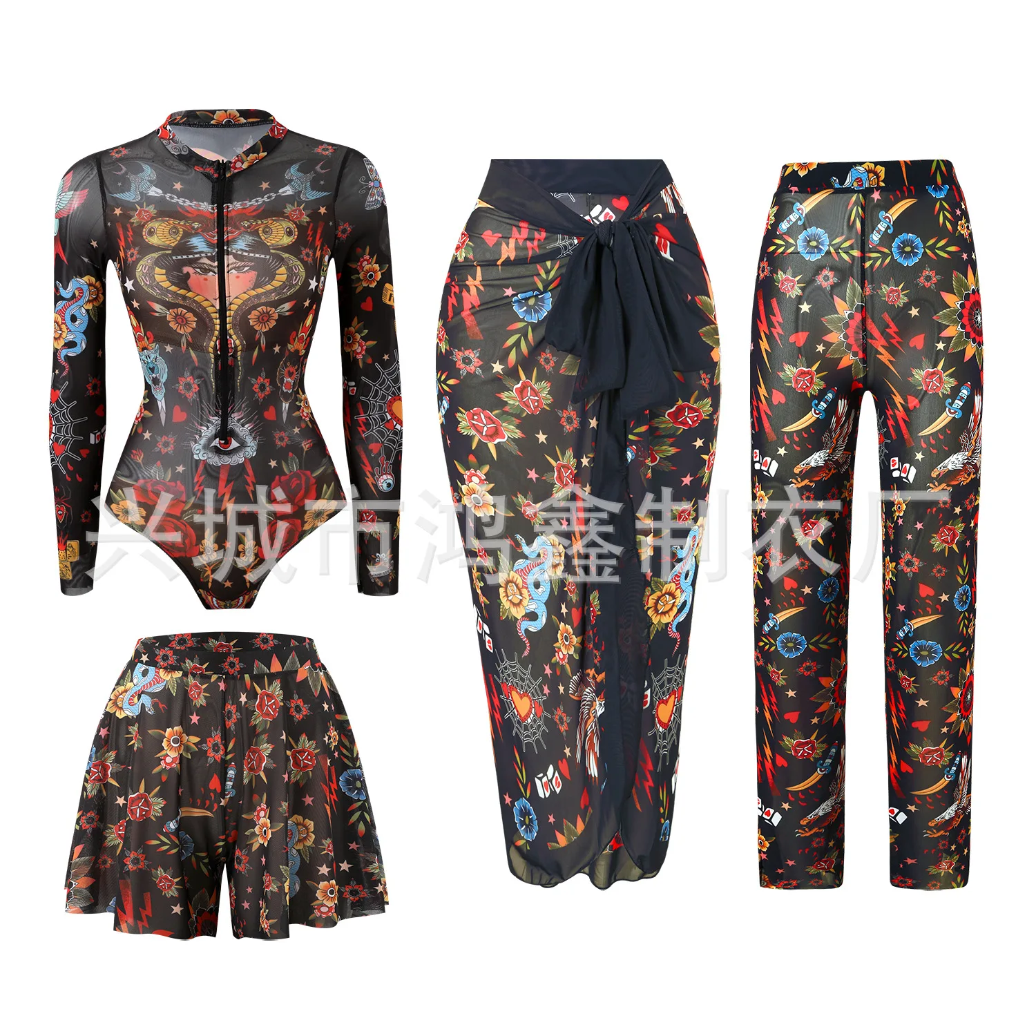 

Женский слитный купальник с длинными рукавами и сетчатой защитой, модный комплект из четырех предметов, солнцезащитный купальный костюм