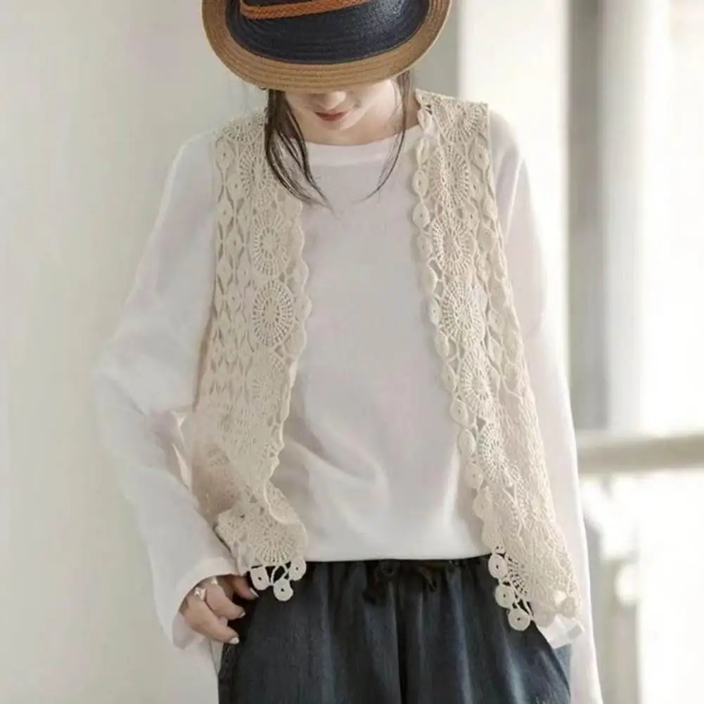 

Summer Vest Women Knitted Crochet Sleeveless Hollow Out Retro=Loose Open Stitch Thin Cardigan Daily Outwear Coat Top