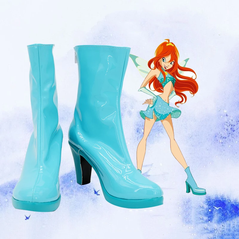 Anime Bloom Cosplay Shoes Boots Halloween Carnival Party Accessories For Women Girls Blue PU Leather High Heels