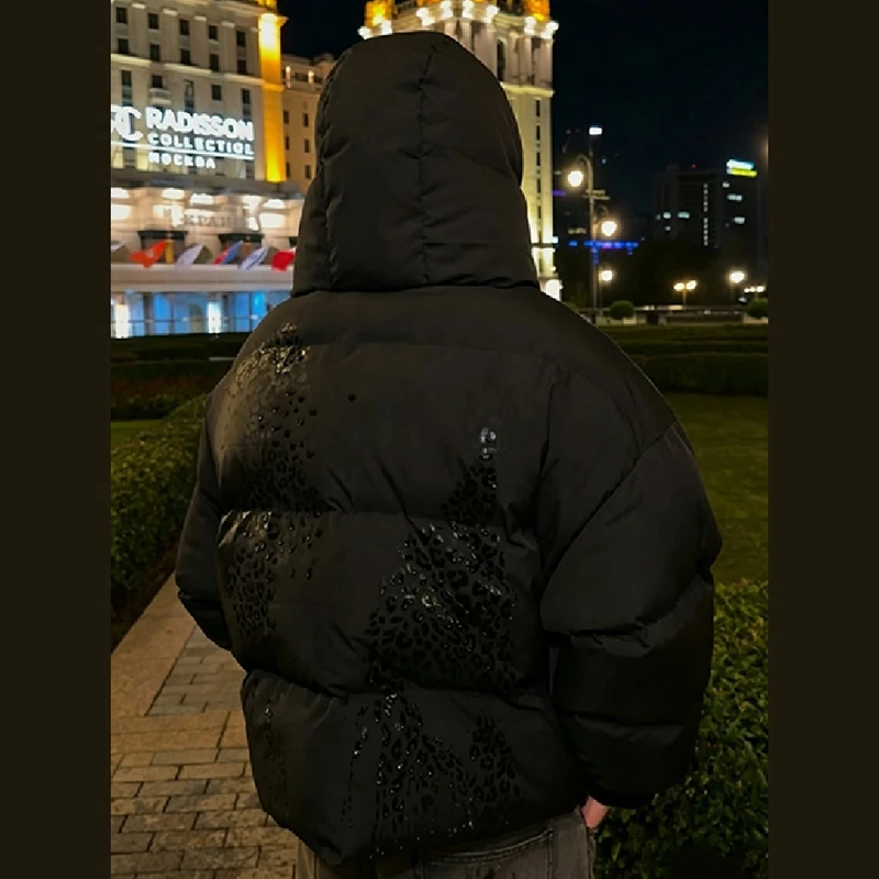 Women Leopard Jacquard Puffer Jacket Hooded High Collar Zip Snap Button Loose Cropped Drop Shoulder Warm Coat Ladies Outerwear