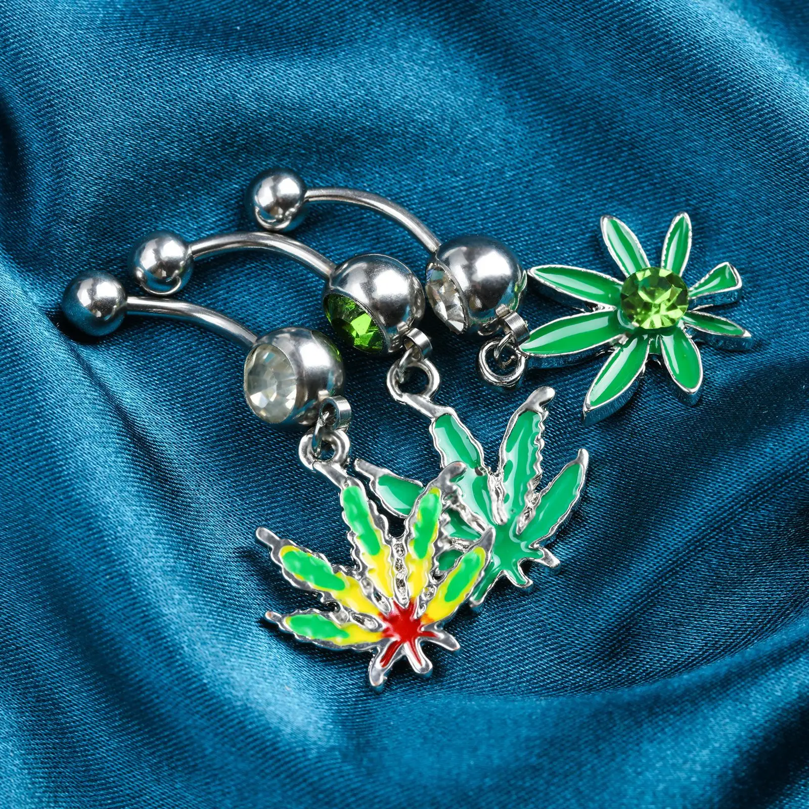 1PC Green Maple Leaf Belly Navel Ring Leaves Weed Dangle belly Button Body Piercing Jewelry Surgical steel Bar