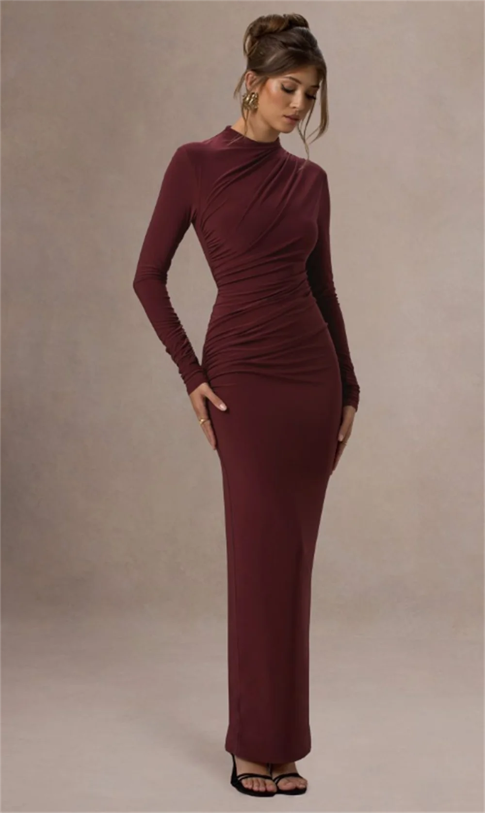 Robes de soirée col rond manches longues robe droite plissée robes de bal robes de soirée formelles robes de soirée élégantes pour femmes