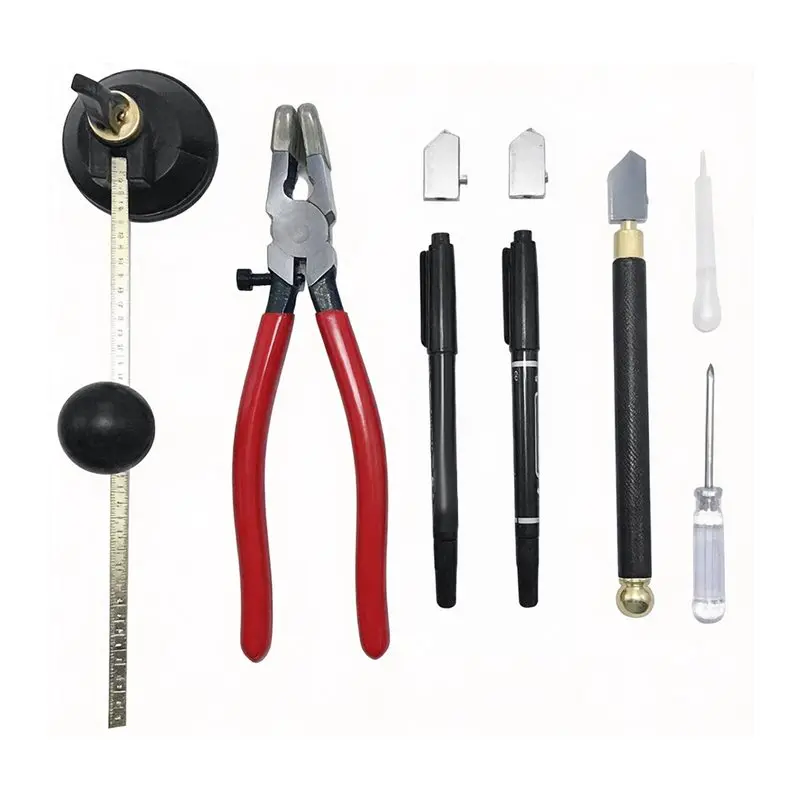 FYBL-Glass Cutting Tool Set(9 Pieces) Includes Circular Glass Cutter, Oil Feed Carbide Tips& Pliers For Mirrors Tiles Mosaic Pro