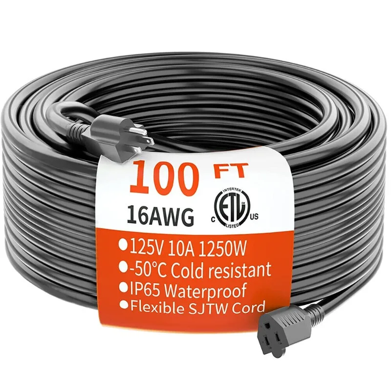 Black Extension Cord Indoor Outdoor 10-100 Feet Waterproof Wire 3 Prong Generator Socket Machine Cable Heavy Duty Power Cords