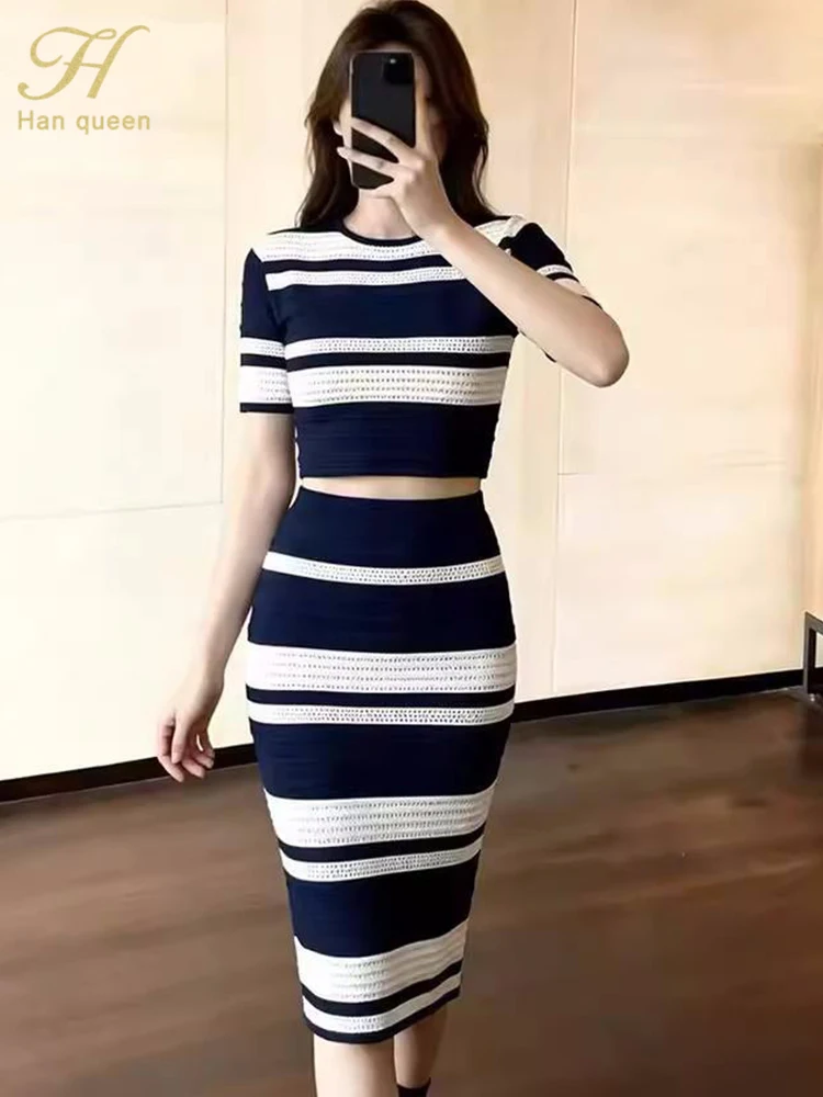 Summer Slim Bottoming Elastic Simple Holiday Prom Dresses Women Striped 2 Piece Knitted Sweater Sheath Pencil Dress
