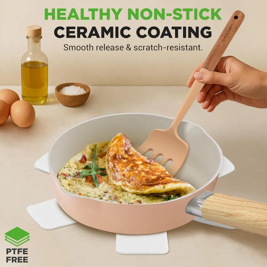 14Piece NonStick Ceramic Cookware Set for Induction Cooking with Glass Lids and CoolTouch Handles Ensures Even Heat Distributio