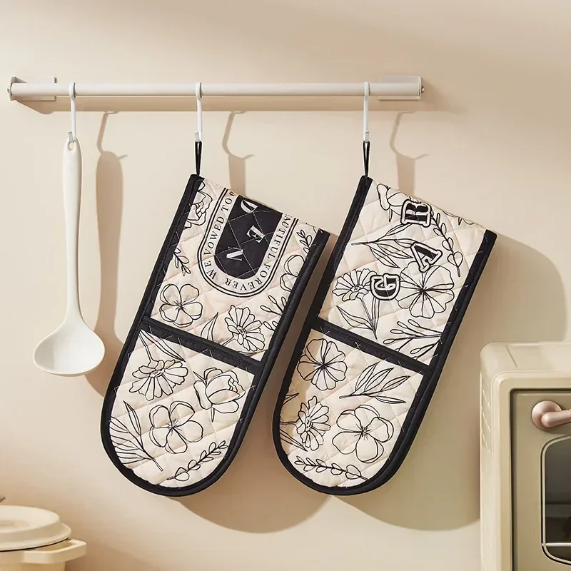 

1pc Oven Mitts Microwave Baking BBQ Integrated Glove Cotton Linen Heat Resistant Potholders Non-slip Kitchen Cooking Tools