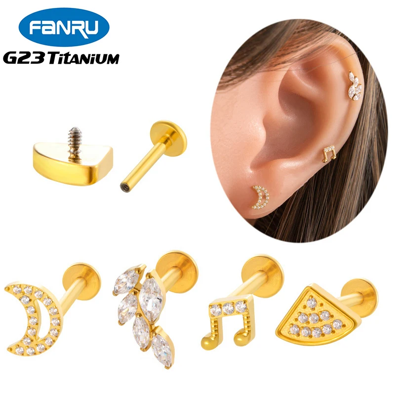1PC G23 Titanium Piercing Helix Cartilage Tragus Stud Horse's Eye Moon CZ Ear Stud Internal Thread Labret Lip Studs Body Jewelry