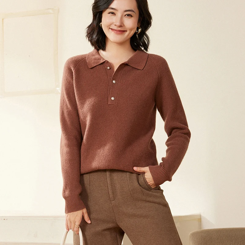 

MEELEX Women 100% Merino Wool Polo Collar Sweater Casual Autumn Winter Pullover Tops Elegant Pure Color Soft Cashmere Knitwear
