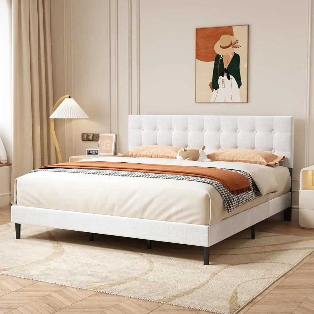 King Size Bed Frame with Button Tufted Linen Headboard, Bed Frame