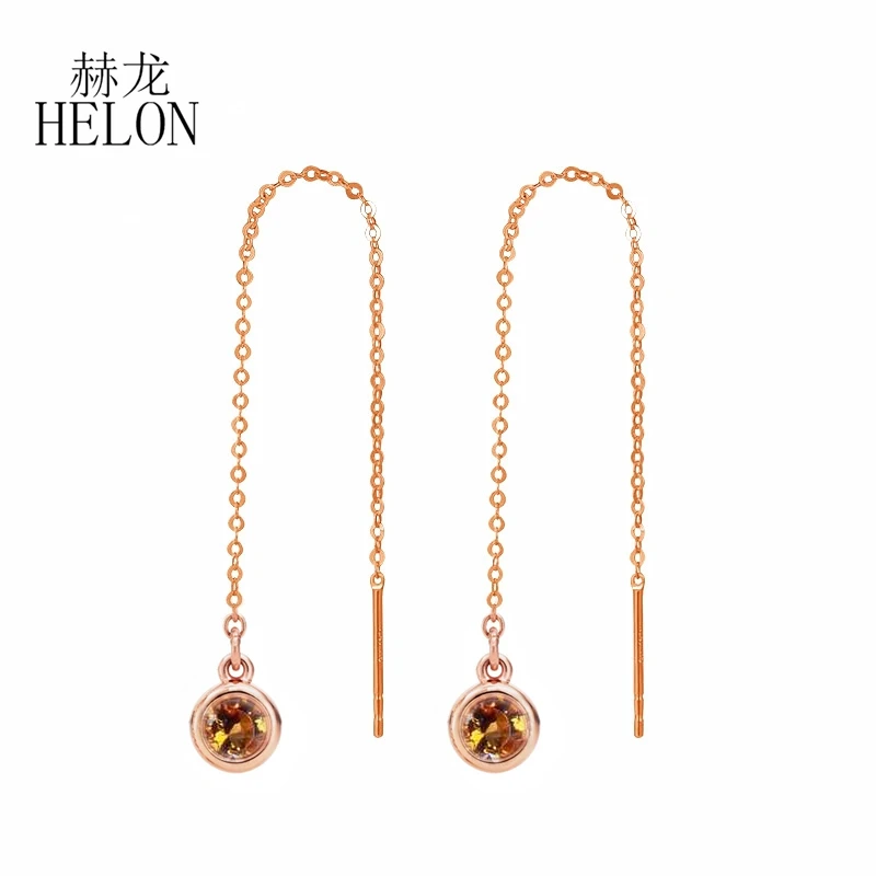 HELON Solid 18K AU750 Rose Gold Flawless 3mm Round Natural Citrine Engagement Earrings Women tassel ear line sweet Fine Jewelry