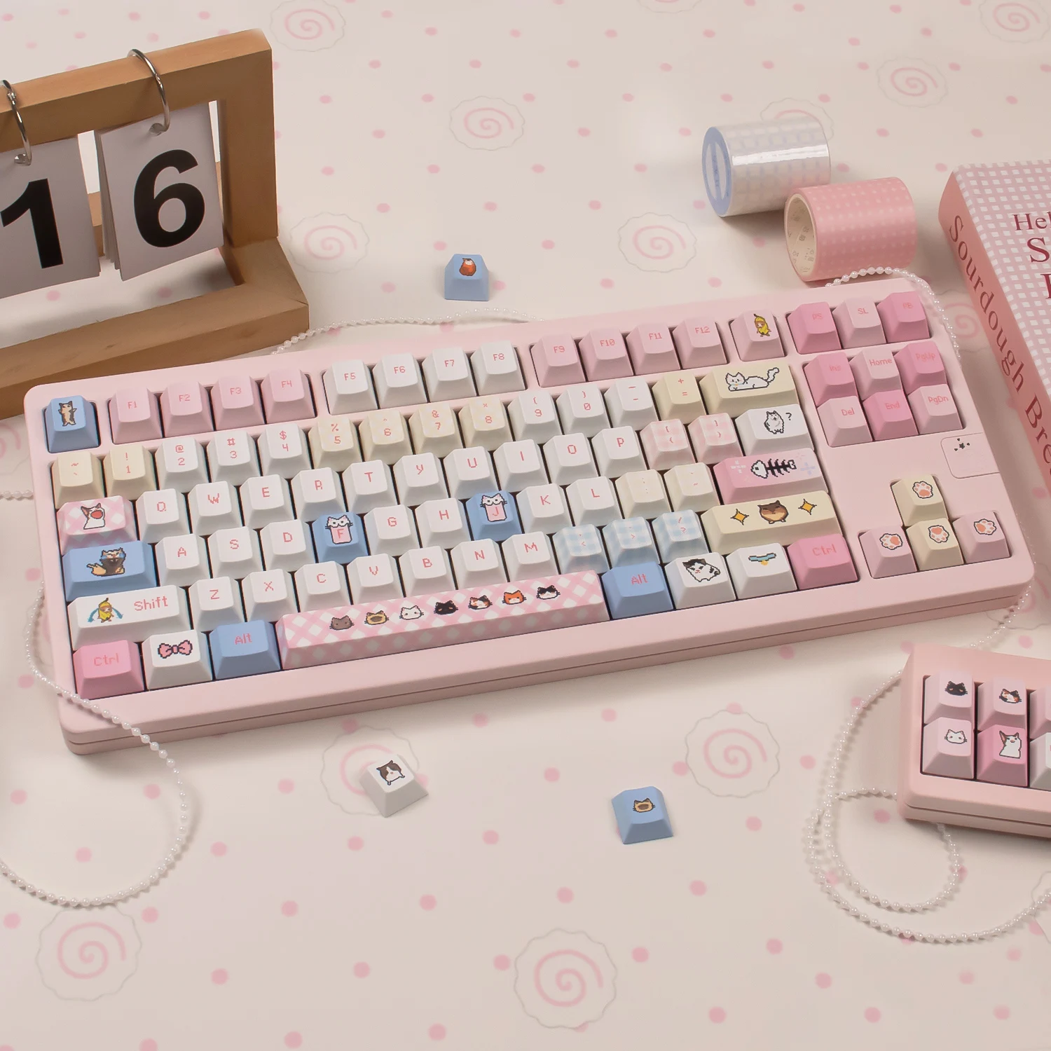 Pink Kitten Keycaps Dye-sub Cherry Profile PBT Keycaps Set Emojis Keycaps Sets for MX 61/68/96/104 Mechanical Keyboard