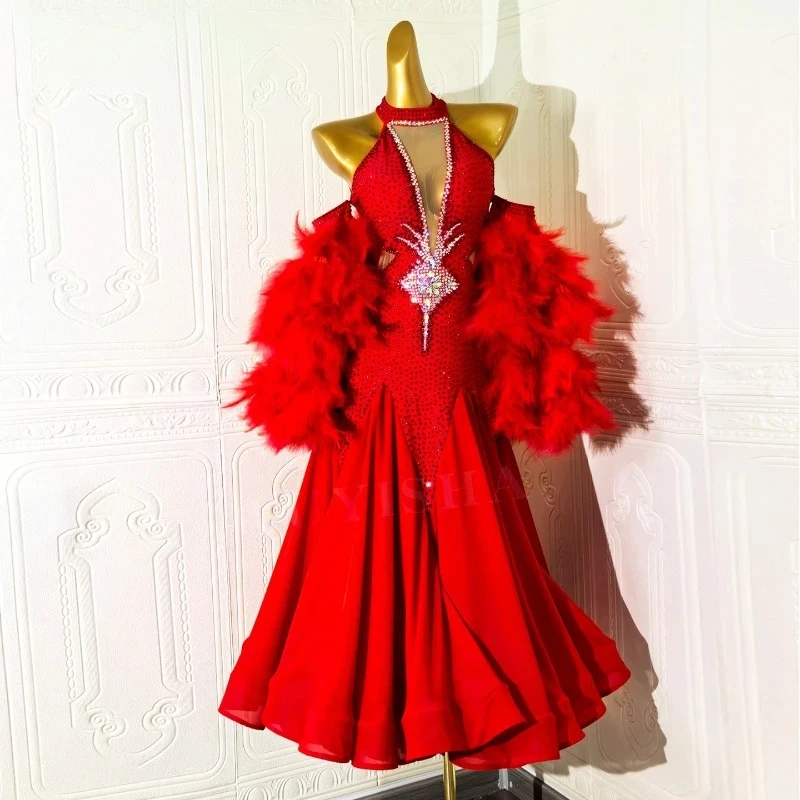 Social Modern Dance Feather Style Pearl AB Stones  Decoration Modern Big Swing Dresses Adult Quickstep Foxtrot Perform Clothes