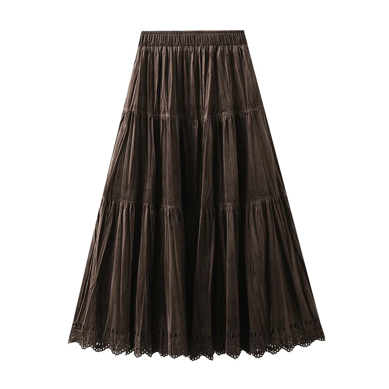 

French texture hollowed out hem design for women's 2025 autumn new A-line slimming cake skirt pleated skirt