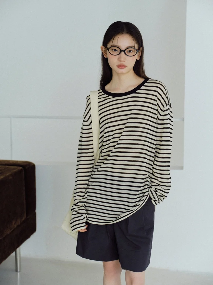 

Lii Linen Knitted irt Stripe Lightweight round Ne oulder Drop Loose Fit Long Sve Women's Commute Sle Summer Top