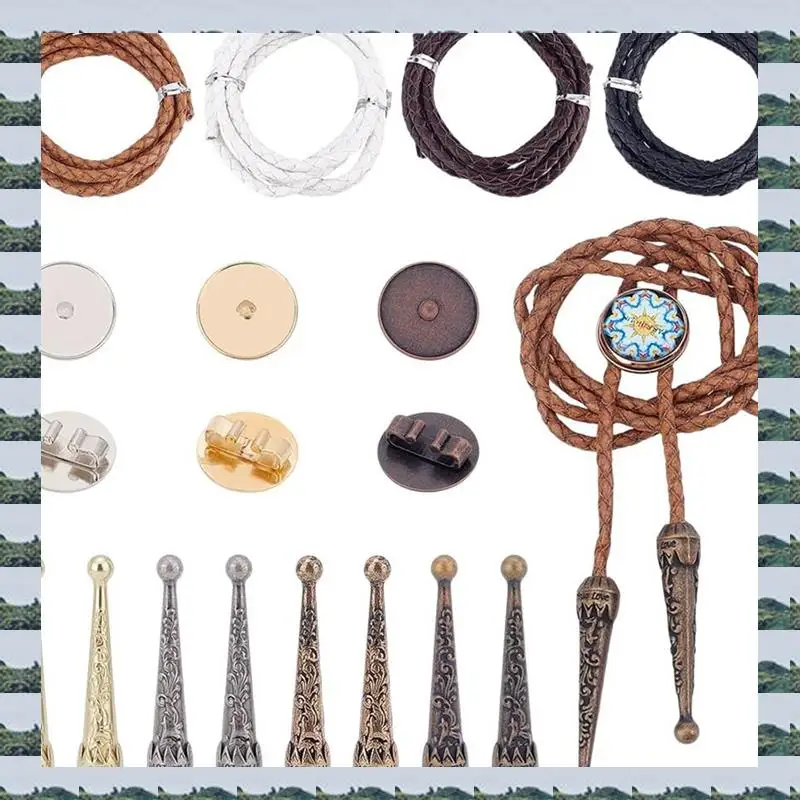 

ABQR Craft Your Own Bolo Tie - 4 Set Kit With Round Flat Buckles And Tip End Caps For Bolo Accessories