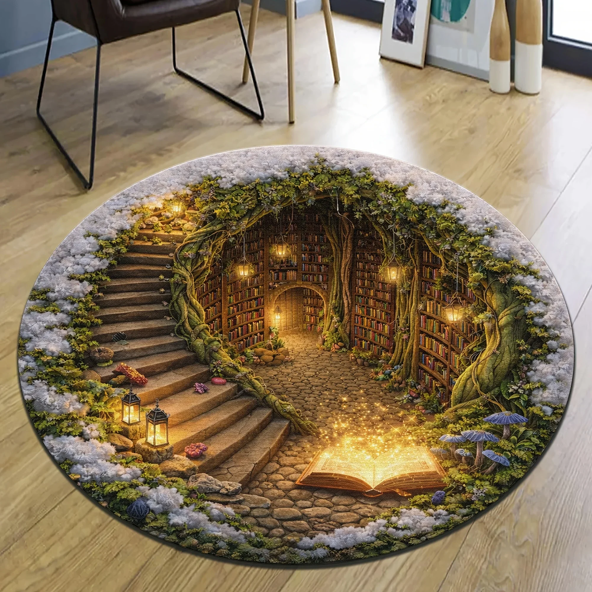 Ice Hole Winter Area Rug Round Christmas Carpet Festive Home Decor Santa Sleigh Reindeer Floor Mat Living Room Sofa Side