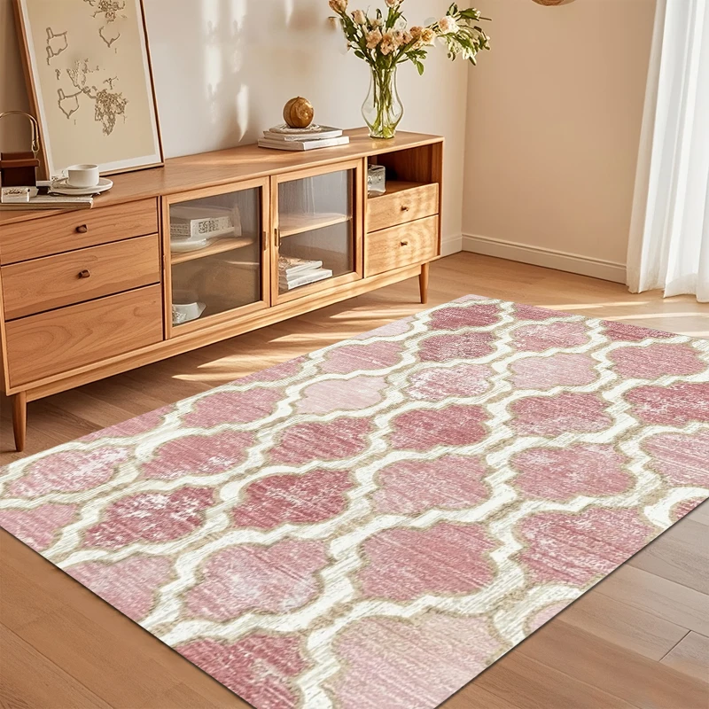 Elegant Blush Pink Quatrefoil Area Rug with Distressed Finish Non Slip Floor Carpet for Nursery Bedroom Living Room