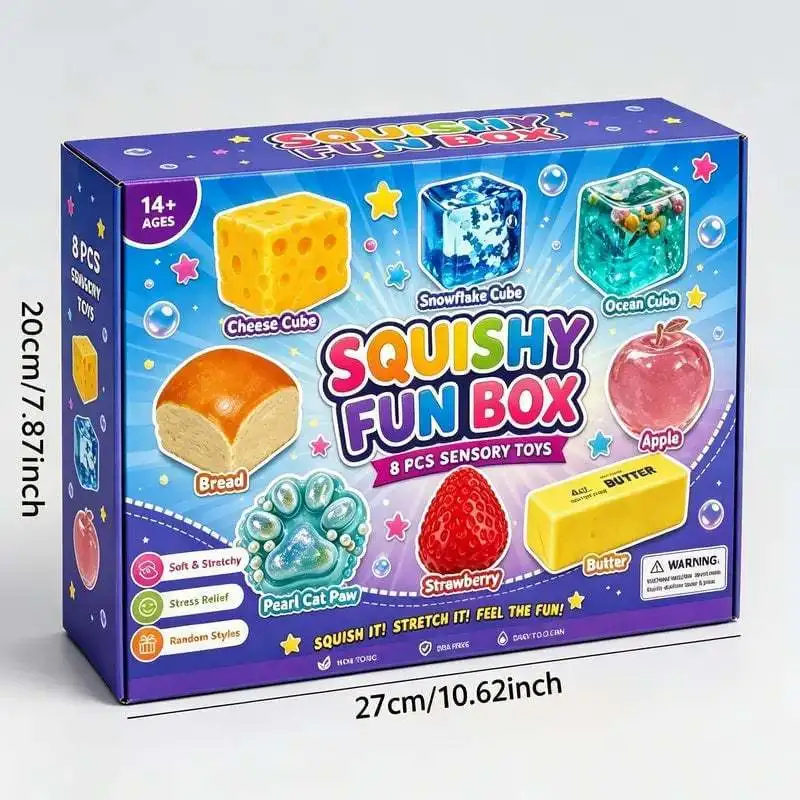 8er-Pack Lebensmittel-Themen Squishy Stressabbau-Spielzeug Box Käse Brot Erdbeere Katzenpfote Quetsch-Fidget-Spielzeug