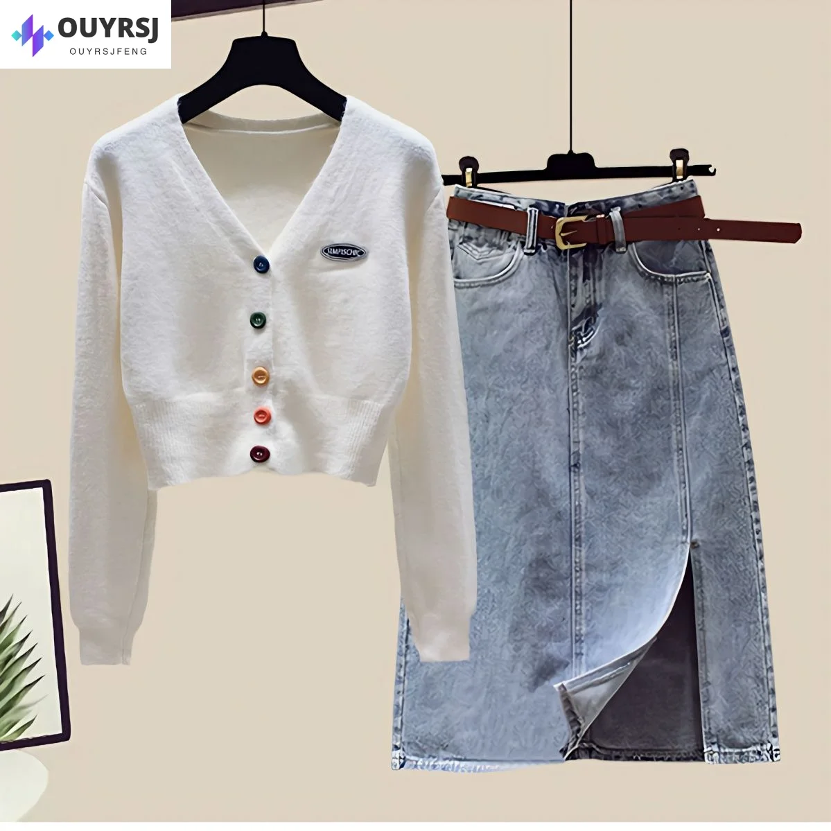 Single Piece/Set Spring and Autumn Denim Set Skirt 2023 New Simple and Fashionable Sweater Knitwear Half Skirt Two Piece Set