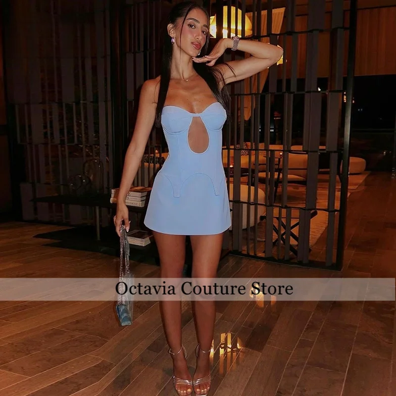 Céu curto azul vestidos de cocktail cetim sem mangas acima do joelho oco para fora vestidos de festa clube vestidos de formatura personalizado