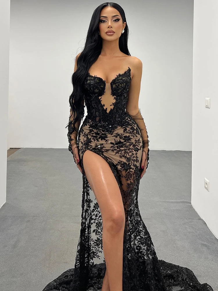 Strapless V Neck High Slit   Black Lace Mermaid Long Dress Prom Party Evening Gown with Gloves