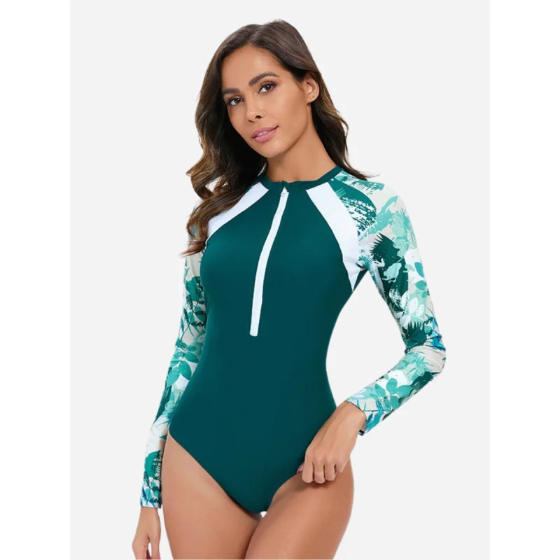 원피스 여성 래쉬가드 수영복 긴팔 UPF 50+ 수영복 컬러 블록 수영복 플로럴 프린트 비치웨어