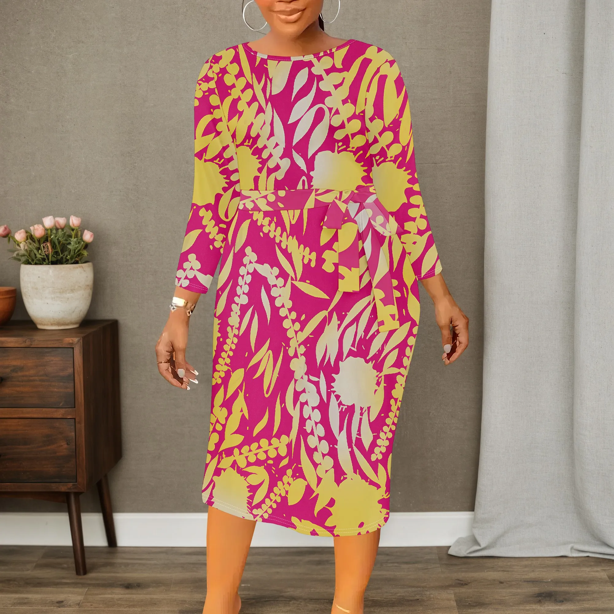 

Plus Size Women's Long Sleeved Dress, Fashionable eometric Totem Printed Dress