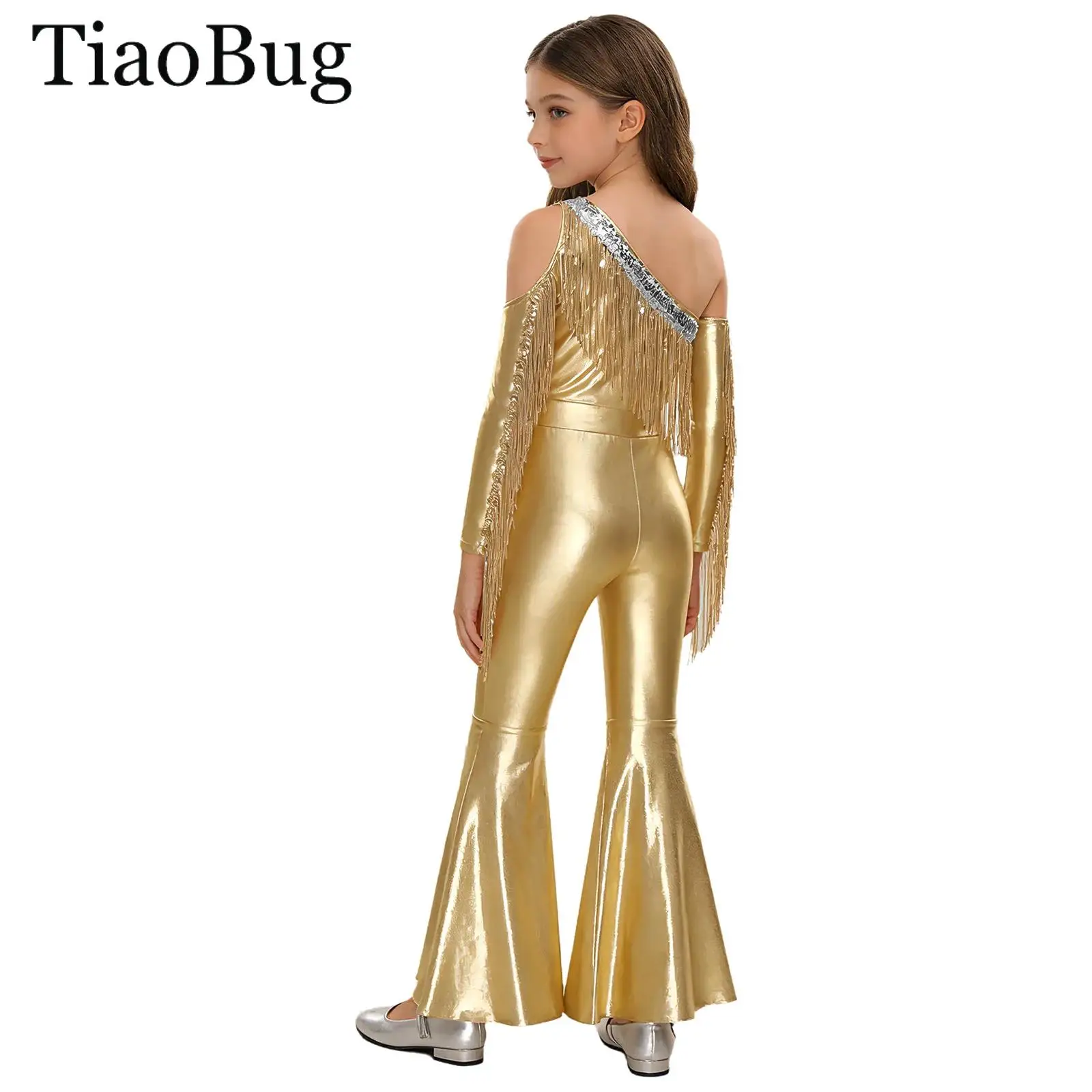 

Girls 70S Disco Metallic Shiny Hippie Jumpsuit One Shoulder Sleeve Sequin Tassel Pageant Romper Bell Bottom Jazz Dance Bodysuit