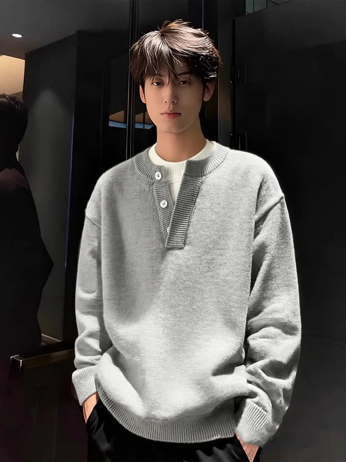 

Мужской вязаный свитер Cleanfit Light с воротником хенли, утепленный, для зимы, повседневный, свободного кроя