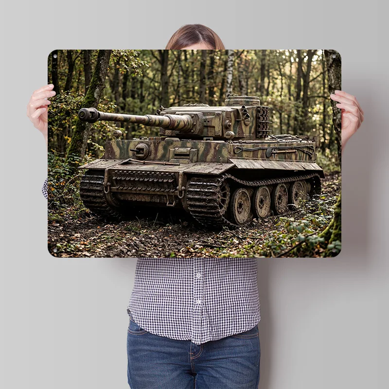 Tiger-Panzer im Wald 3D-Textur Gedrucktes Poster Maßgefertigtes Vintage Metall-Blechschild für Wandkunst Raumdekoration Schreibtisch-Deko Zuhause