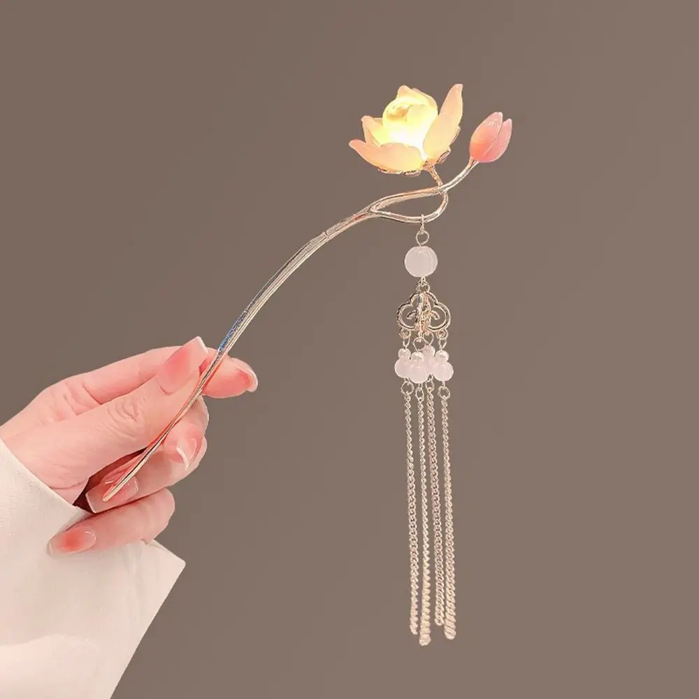Alloy Lantern Hairpin Flower Luminescent Lotus Tassel Hair Stick Hair Chopstick Hair Sticks for Buns LED Light Hair Fork