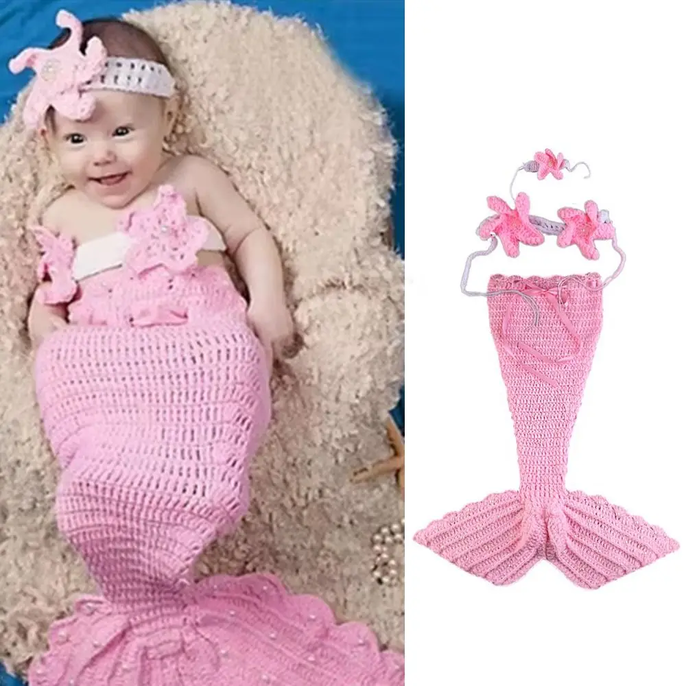 

3pcs/Set Creative Baby Mermaid Costume Set Soft Solid Color Baby Photo Props Handmade Washable Newborn Photography Props