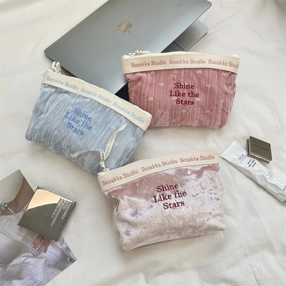 5pcs Makeup Bags Women Velvet Letter Embroidery Large Capacity Light Protable Travel Storage Bag