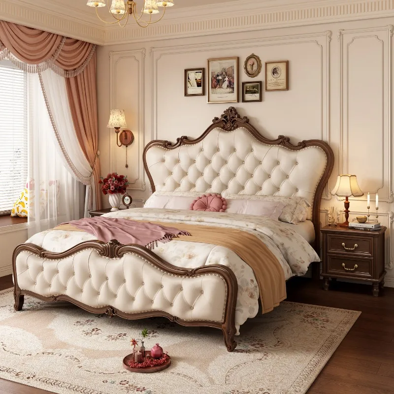 Französisches Luxusbett aus Massivholz, antik, retro, geschnitzt, mit Stauraum, Lederbezug, Hochzeitsbett, amerikanisches Doppelbett