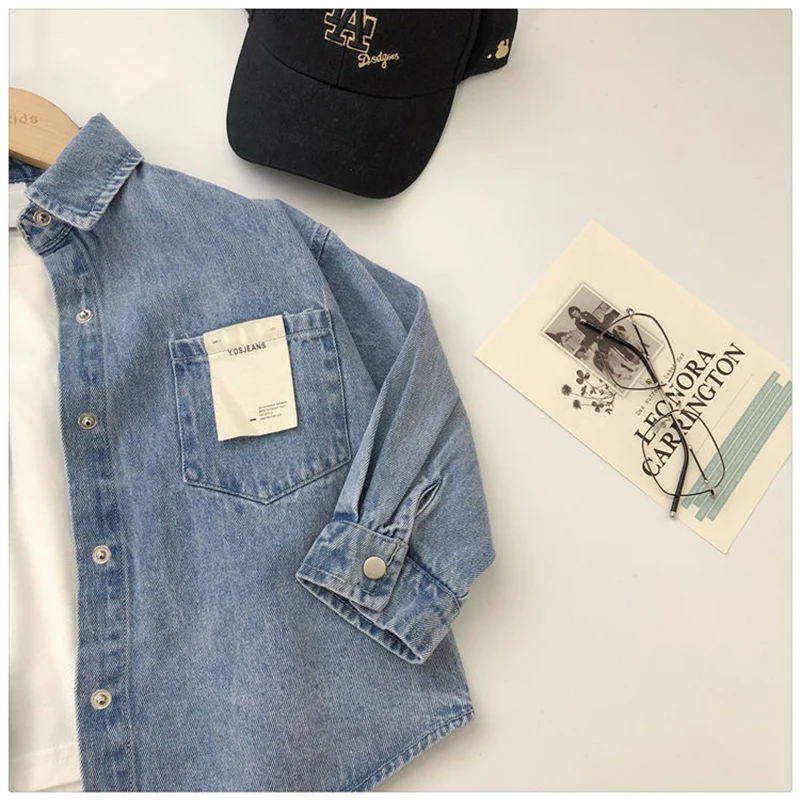 Fashion Boys Blue Denim Shirts Long Sleeved Turn Down Collar Loose Casual Shirt Spring Autumn Children Jean Tops