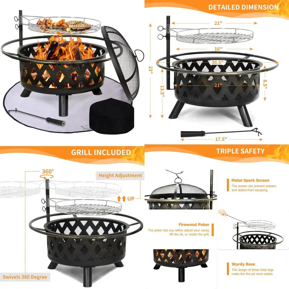 

dual-purpose outdoor fire pit and grill with swivel grate and cover, 30" round wood-burning