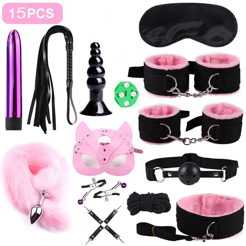 BDSM Kits Adults Sex Toys for Couples Handcuffs Nipple Clamps Spanking Paddle Sex Metal Anal Plug Vibrator Slave Bondage Set