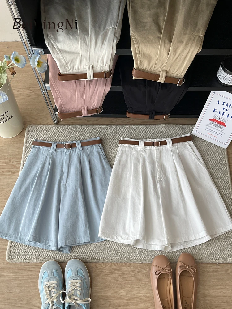 Beiyingni 2025 Summer Korean Women's Shorts With Belt Casual Chic Washed Cotton Wide Leg Short Pants Female Streetwear Clothes