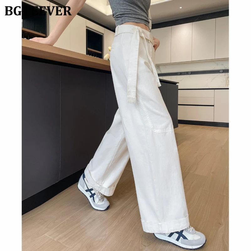 BGTEEVER, pantalones vaqueros rectos de cintura alta con cordones y estilo para mujer, moda de verano, pantalones vaqueros de pierna ancha holgados con bolsillos para mujer