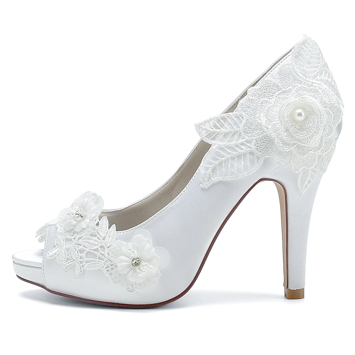 Platform Lady Satin High Heels Slip on Bridal Wedding shoes with Lace Flowers Open Toe Pumps Sweet Prom Graduation White Ivory