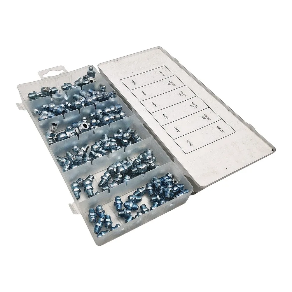 Alloy Steel Grease Fitting Kit 110 pcs Straight and Angled Nipples for SAE 14-28 and 18-27 Thread Compatibility