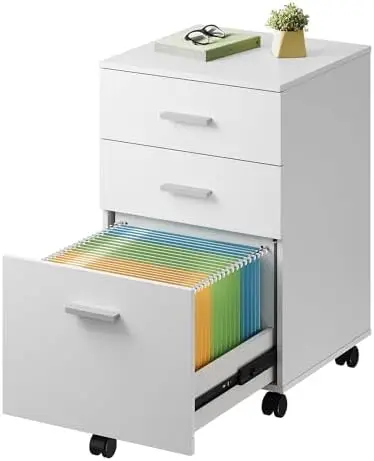 3 Drawer Wood Mobile File Cabinet, Rolling Filing Cabinet for Letter/A4 Size, White