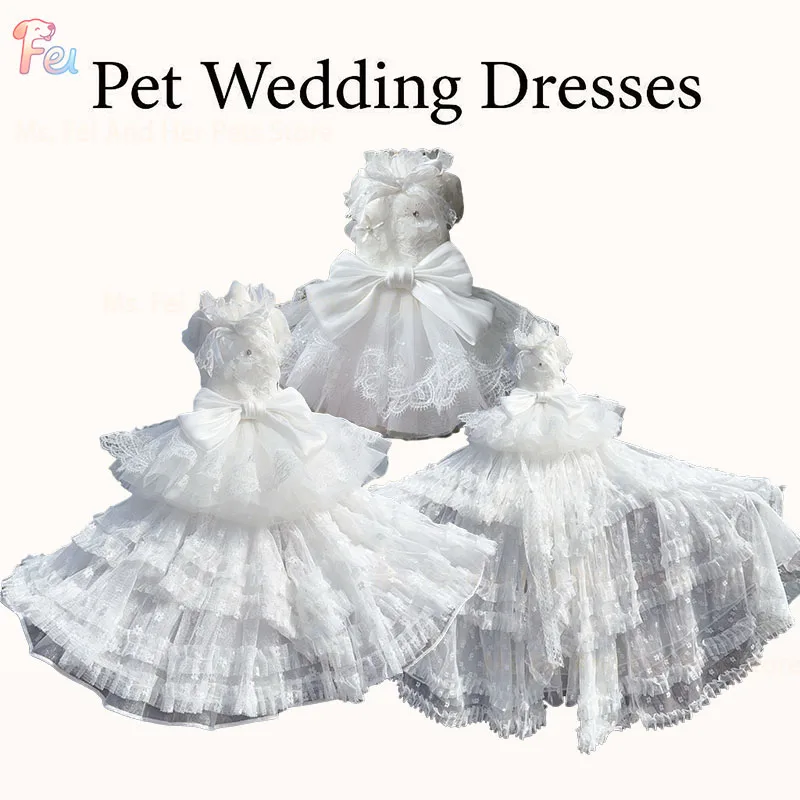 

New Luxury Handmade Pure White Princess Dress for Small Medium Dog with Lace Bow Long Tail Poodle Pet Clothing Puppy Dog Fashion