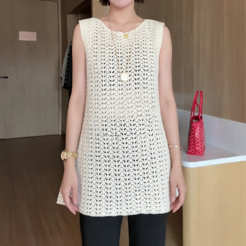 Pointelle Knit Tank Top Sleeveless Tunic Top Summer Beach Cover-up Sheer Hollow-out Openwork Blouse Women Boho Vacation Wear