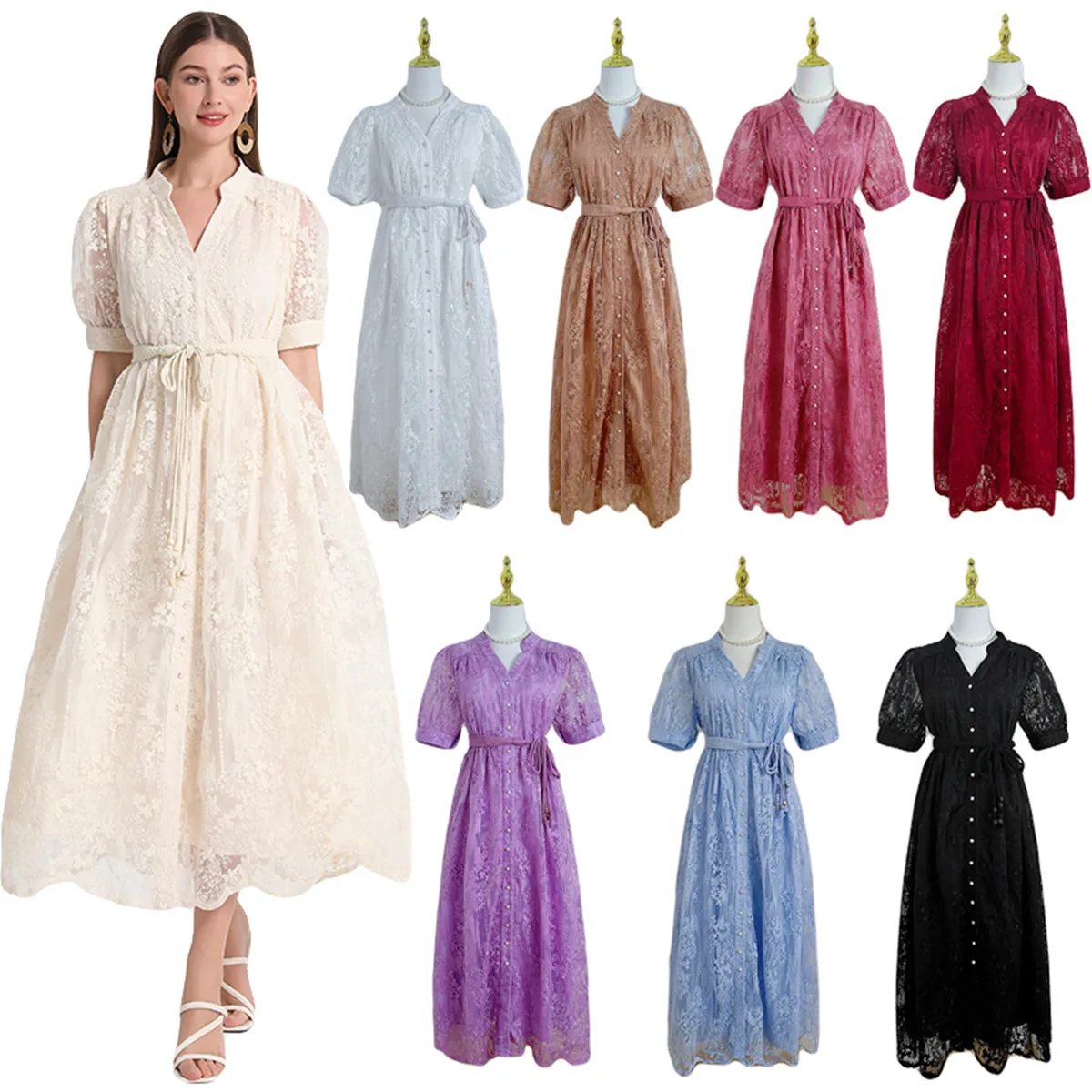 Vestidos largos con bordado de ganchillo liso para mujer, vestido largo elegante con cordones y manga corta con cuello en V y fajas de una sola botonadura