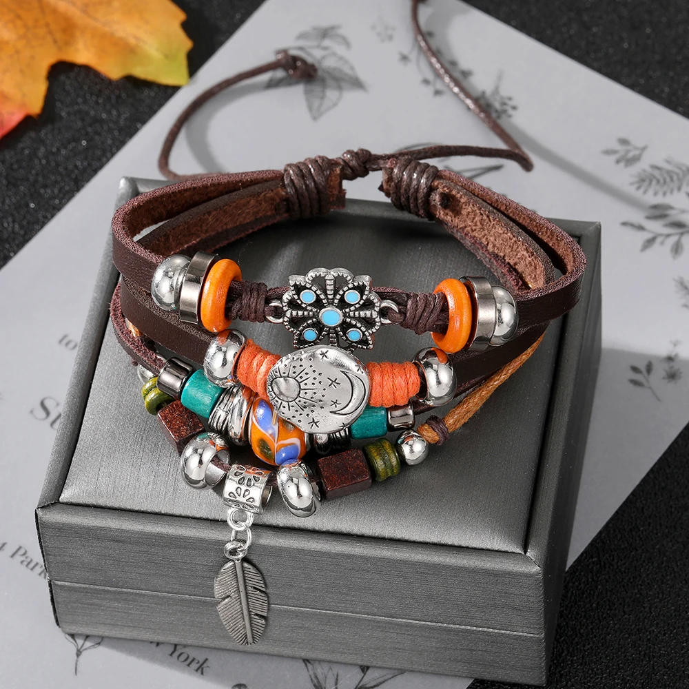 Vinatge Gothic Punk Moon Star Metal Multilayer Leather Bracelet Men Leaf Bracelets & Bangles Male Arm Sun Jewelry Wholesale