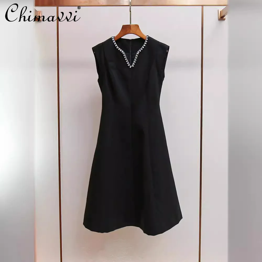 

Senior Heavy Industry Rhinestone V-neck Elegant Sleeveless Dress Female New 2024 Autumn Fashion Slim-fit Lady Black Party Dress