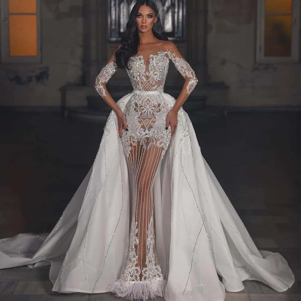 

Gorgeous Mermaid Wedding Dresses Detachable Train Long Sleeves Bridal Gowns Custom Made Appliques Lace-Up Back Robes De Mariée