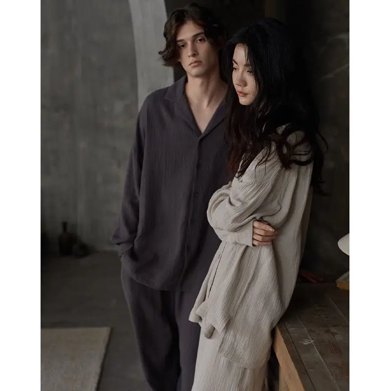 

2024 New Couple Pajamas Men Comfortable Leisure Home Wear Women Can Be Worn Outside Sleepwear Ladies Solid V-neck Nightdress